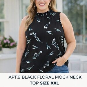 Apt.9 Women's Black‎ Floral Sleeveless Mock Neck Top XXL Elegant Summer Blouse